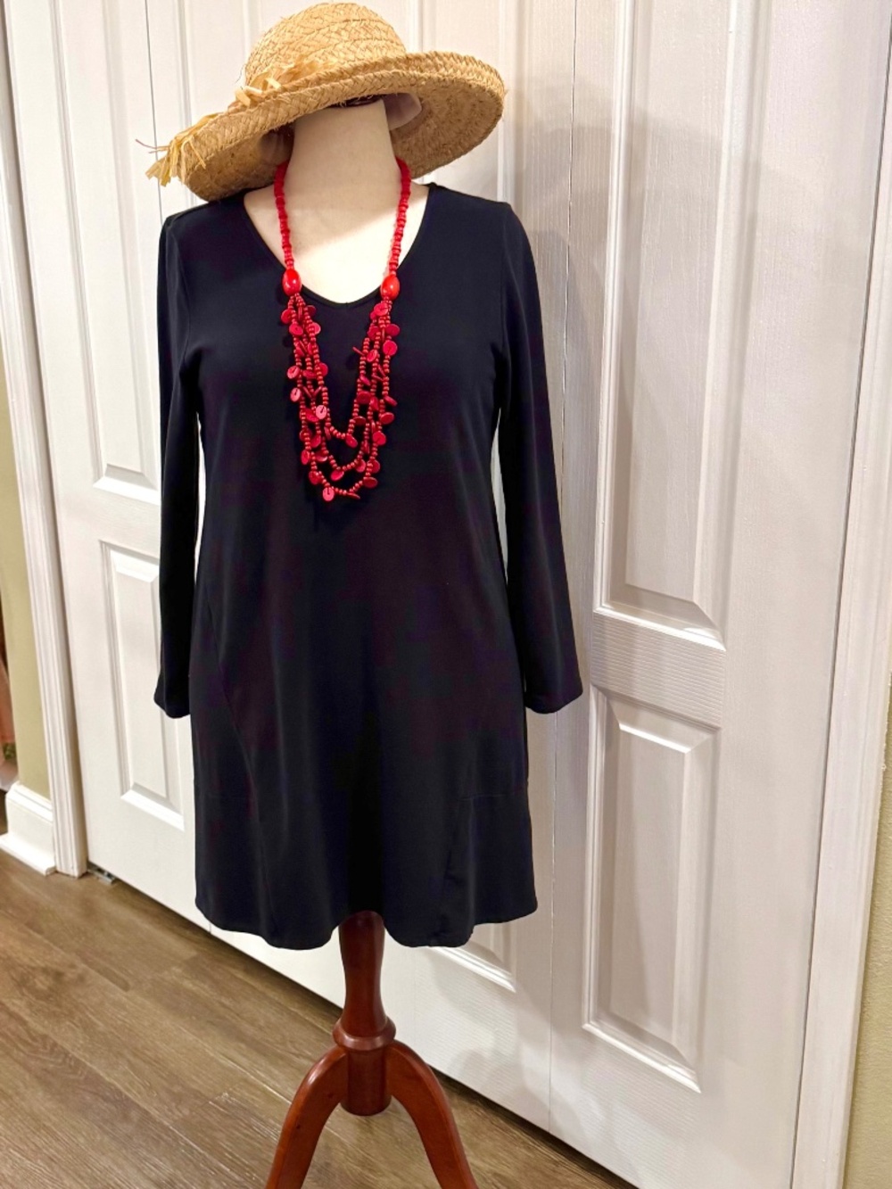 Women's Size L, Black Sweatshirt Dress by Pure Jill 3/4 Sleeves, V-Neck, Stretch